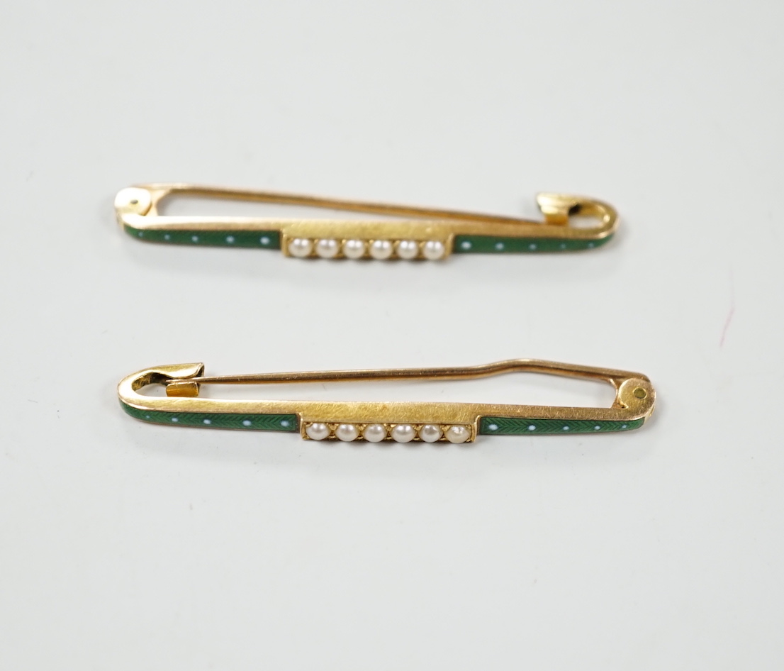 A pair of Edwardian 15ct, seed pearl and two colour enamel set bar brooches, 43mm, gross weight 6 grams.